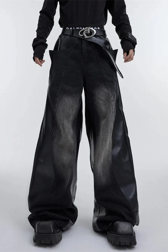 Wide Leg PU Leather Patchwork Jeans - Image 10