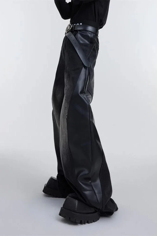 Wide Leg PU Leather Patchwork Jeans - Image 18