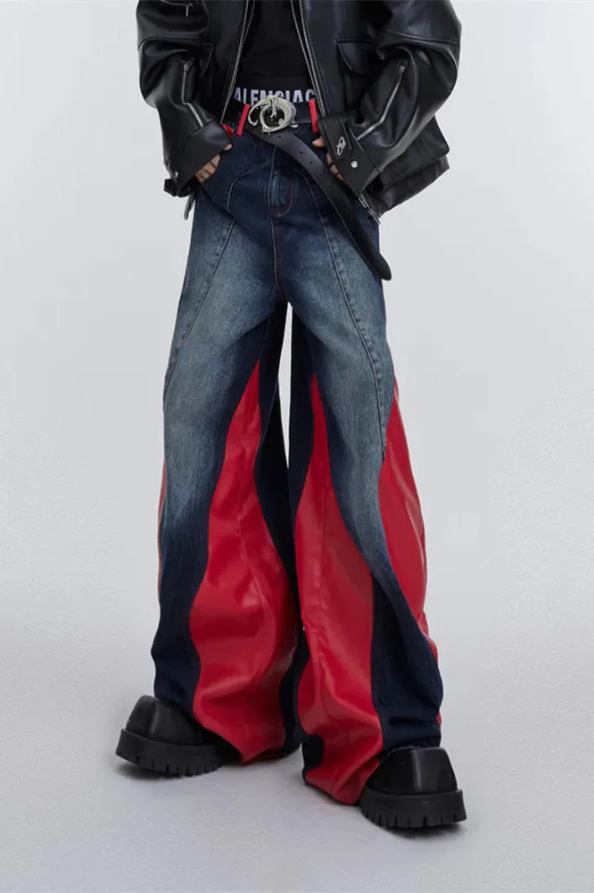 Wide Leg PU Leather Patchwork Jeans - Image 2