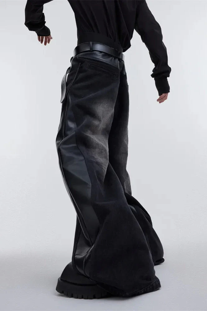 Wide Leg PU Leather Patchwork Jeans - Image 20