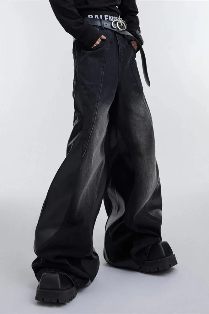 Wide Leg PU Leather Patchwork Jeans - Image 26