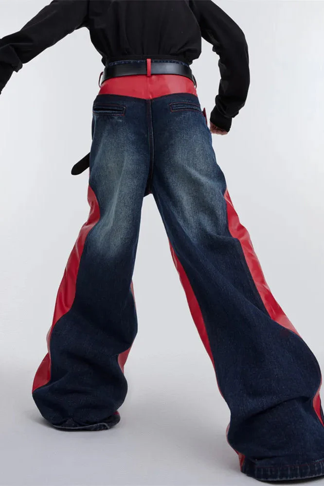 Wide Leg PU Leather Patchwork Jeans - Image 28