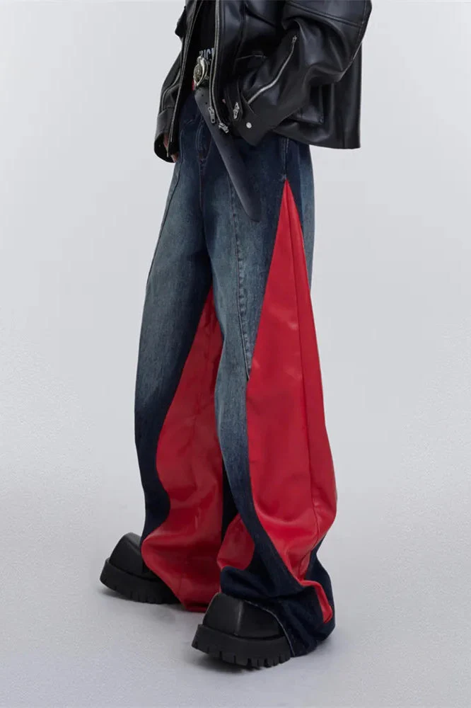 Wide Leg PU Leather Patchwork Jeans - Image 29