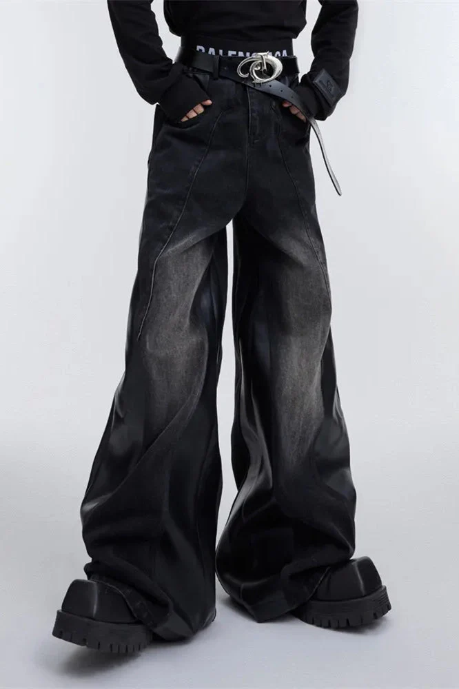 Wide Leg PU Leather Patchwork Jeans - Image 7