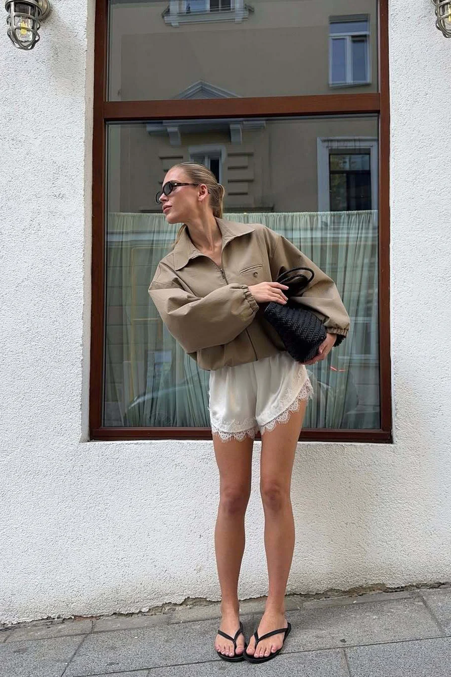 Zip Up Cropped Khaki Jacket - Image 5