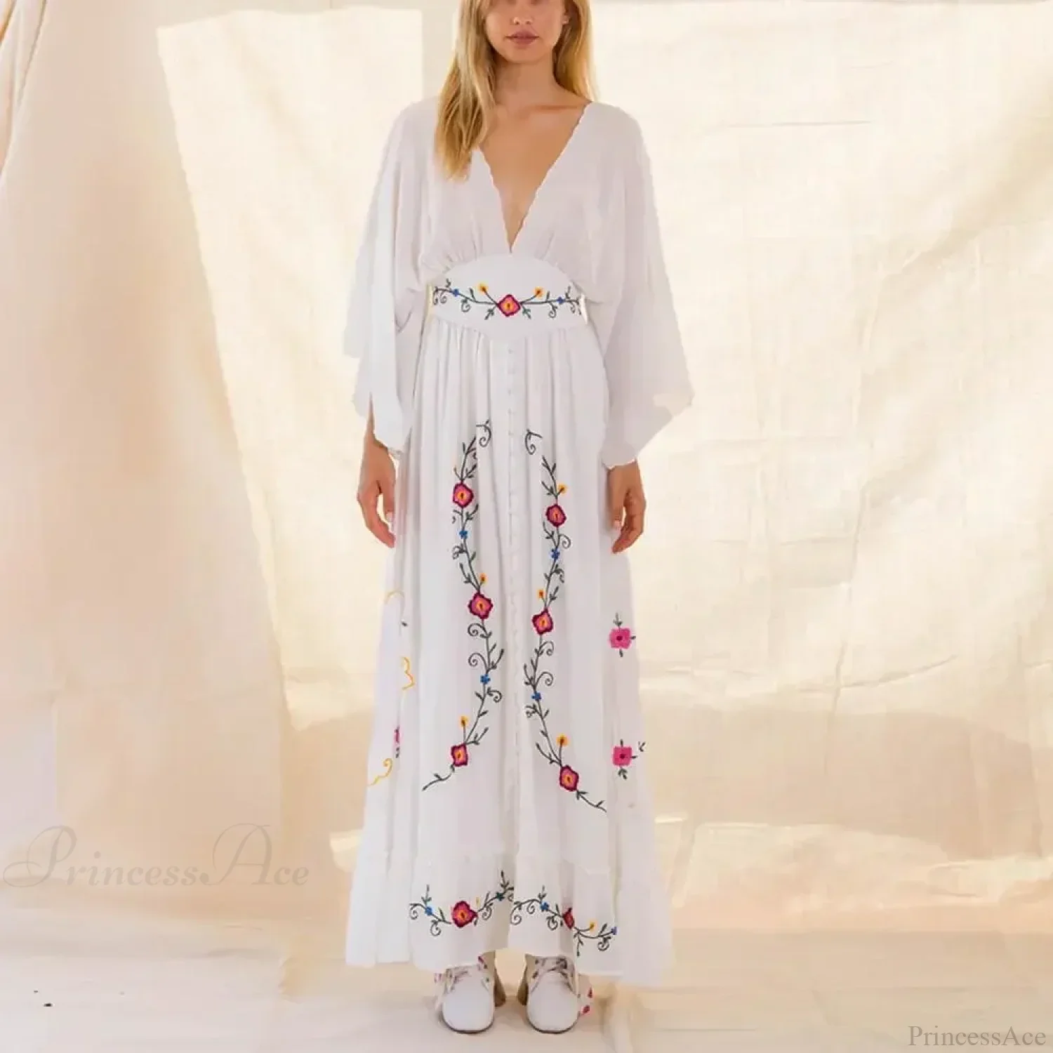 Flare Long Sleeve Deep V-neck Cotton Dress - Image 2