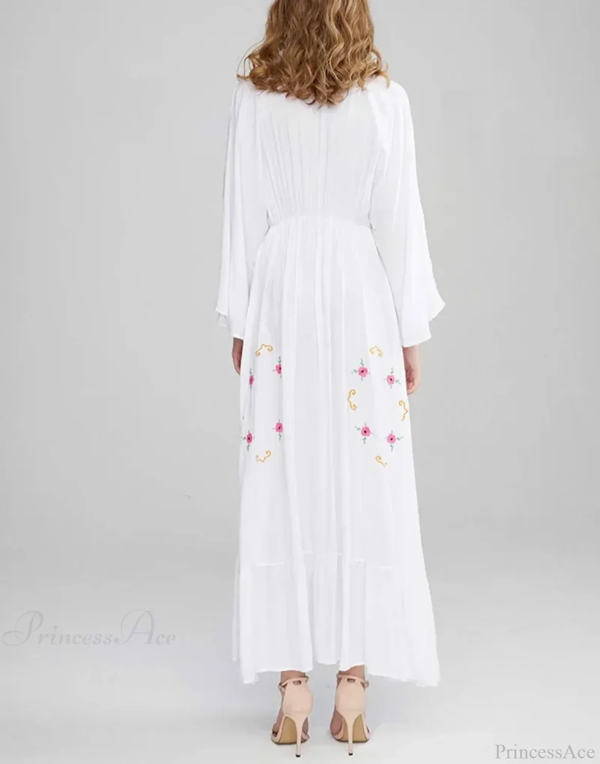 Flare Long Sleeve Deep V-neck Cotton Dress - Image 5