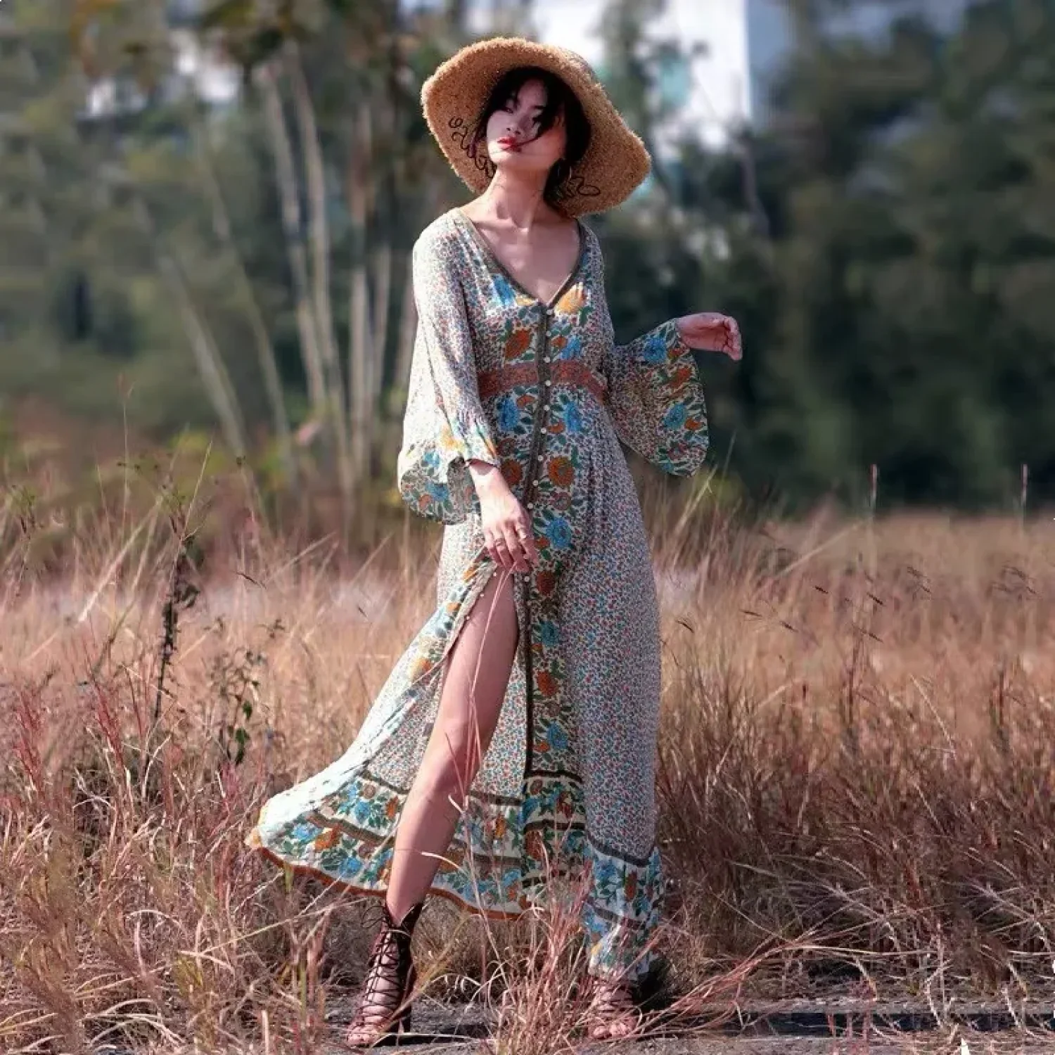 Flare Sleeve Button Down Printing Chic Boho Dress - Image 3