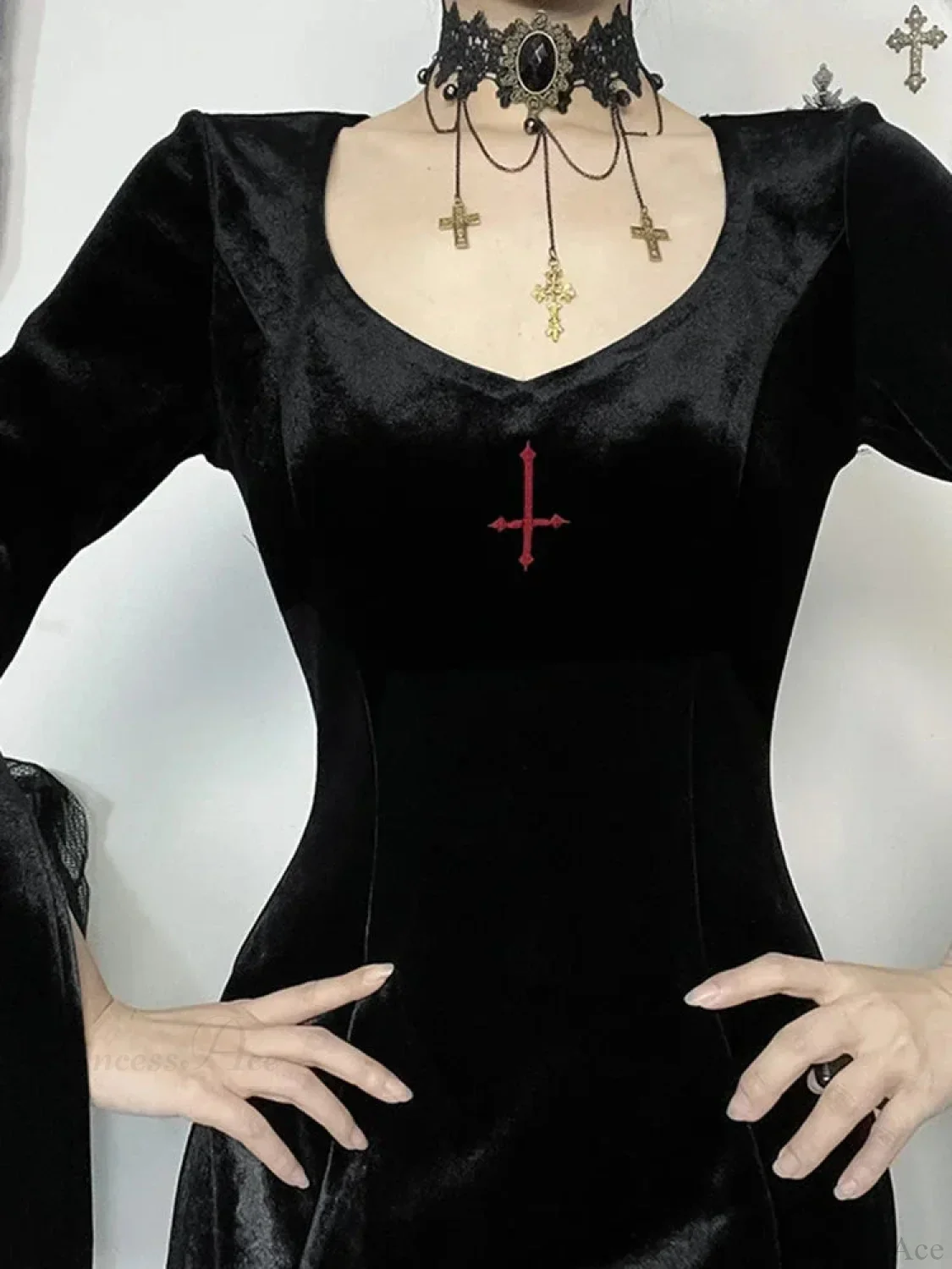 Flare Sleeve Cross Embroidery Maxi Dress - Image 3