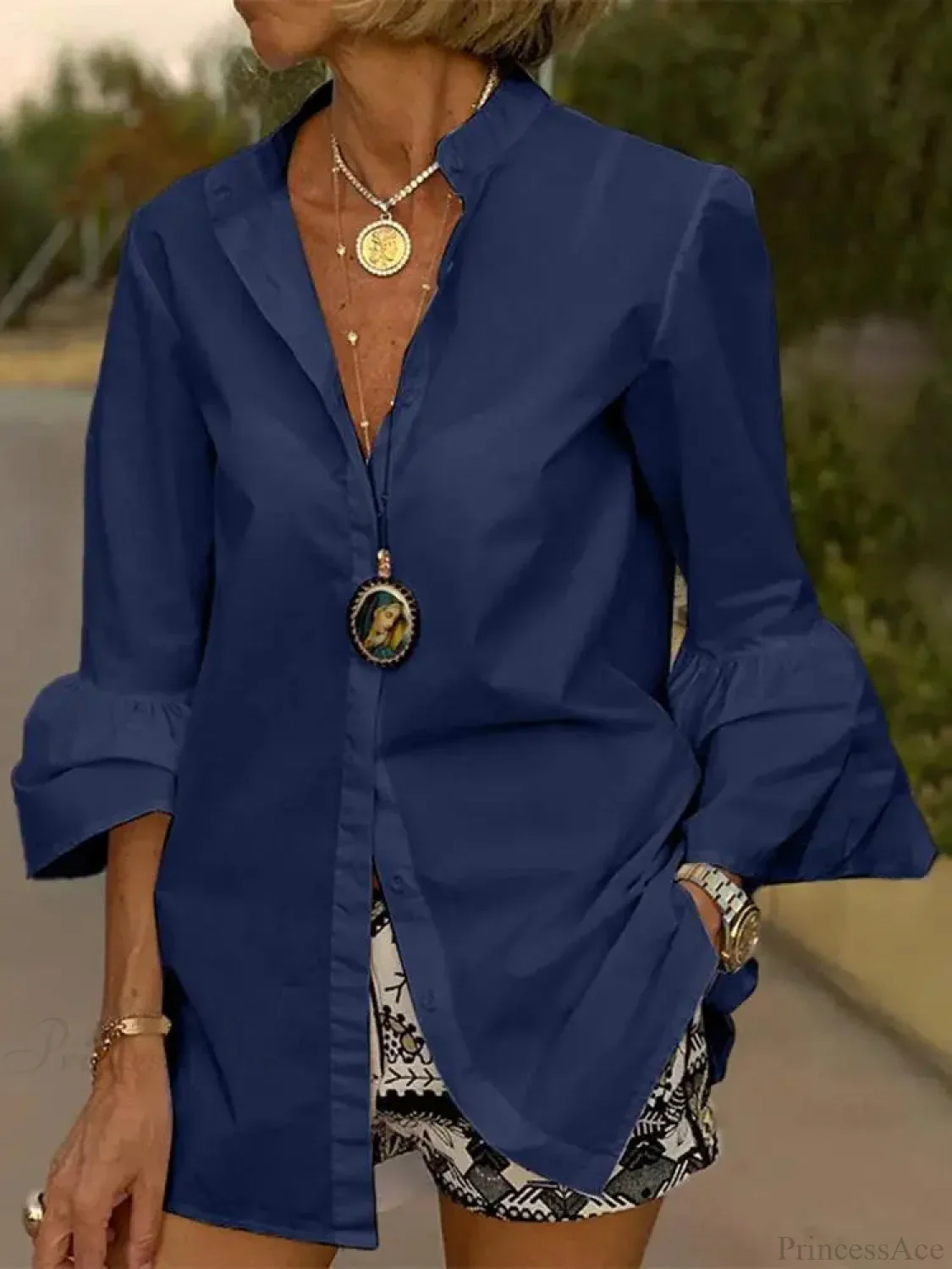 Flare Sleeve Solid Color V Neck Blouse - Image 2