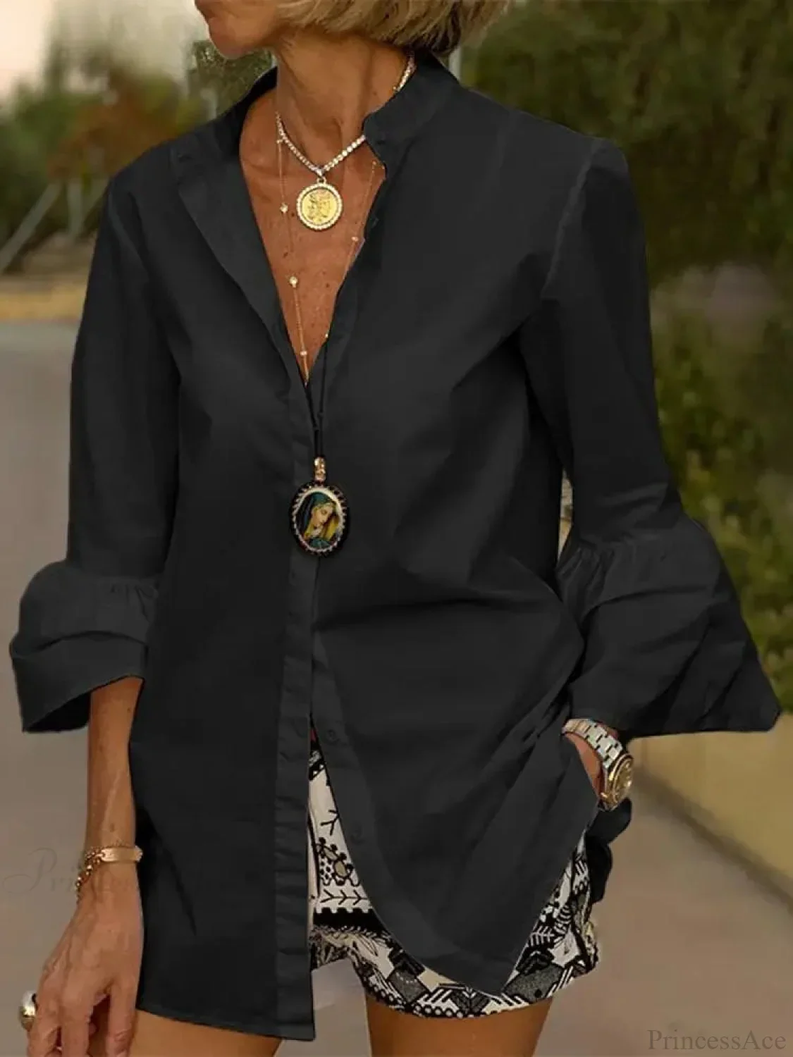 Flare Sleeve Solid Color V Neck Blouse - Image 3