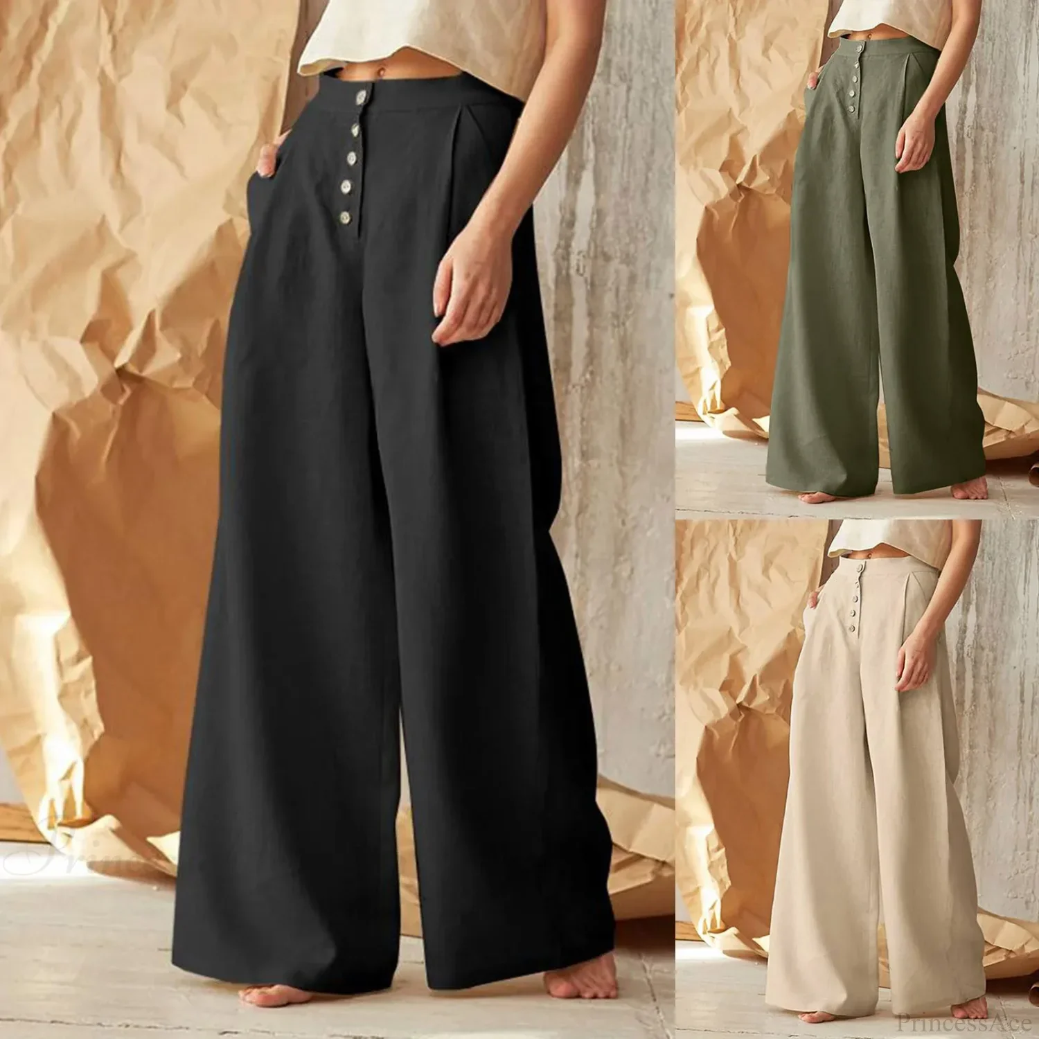 Flared Solid Color High Waist Cotton Linen Pant - Image 2