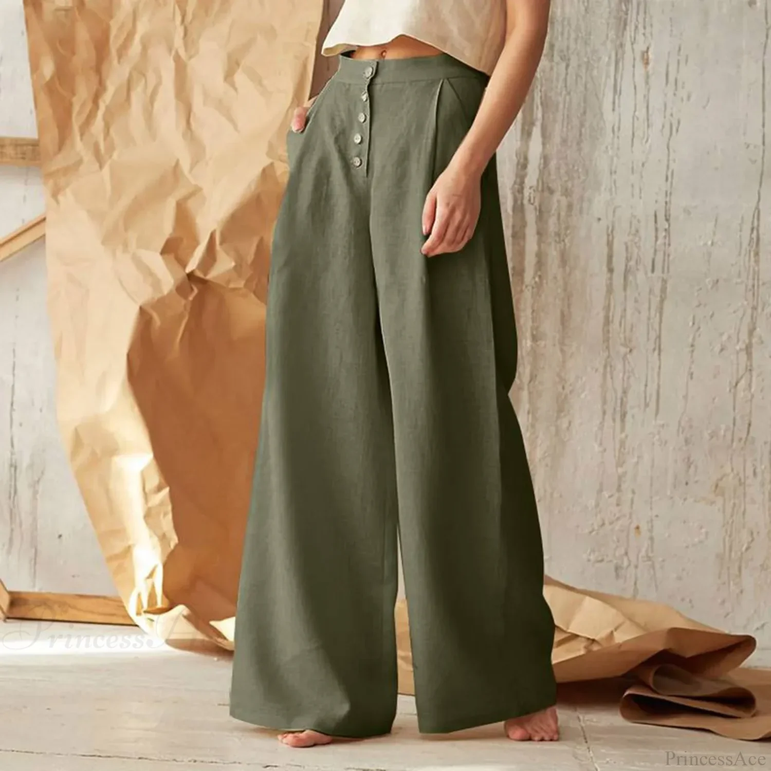 Flared Solid Color High Waist Cotton Linen Pant - Image 8