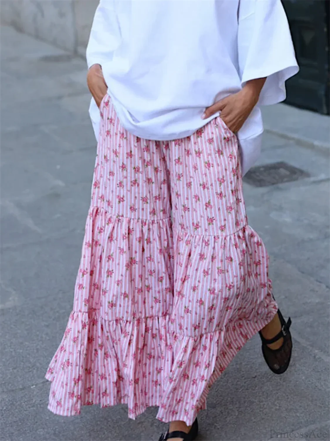 Flared Striped Floral Elastic High Waist Pant - Image 5