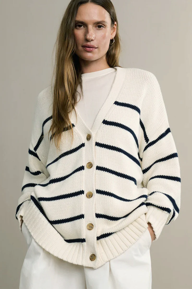 Flattering Striped V Neck Relaxed Knit Cardigan