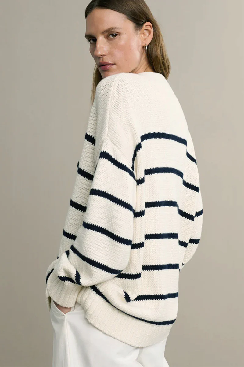 Flattering Striped V Neck Relaxed Knit Cardigan - Image 3