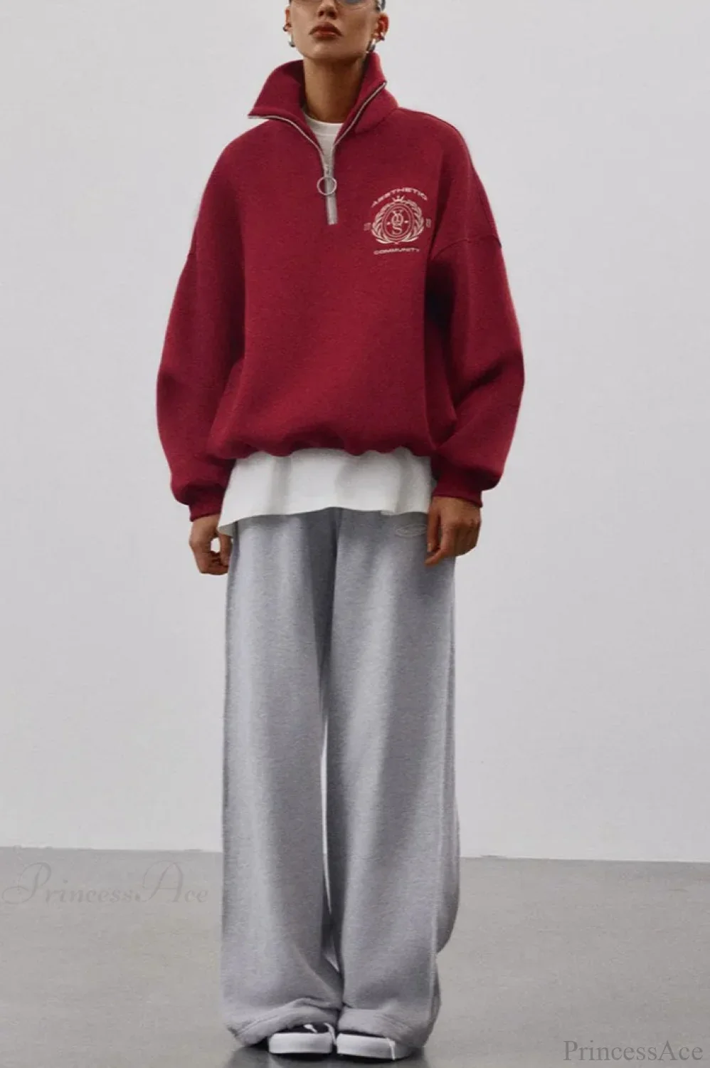 Fleece-Lined Letter Embroidery Stand Collar Half-Zip Sweatshirt - Image 6