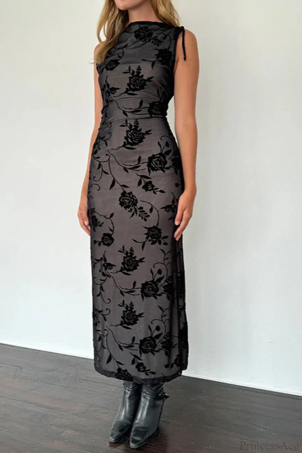 Flocked Mesh Sleeveless Bodycon Maxi Dress - Image 2