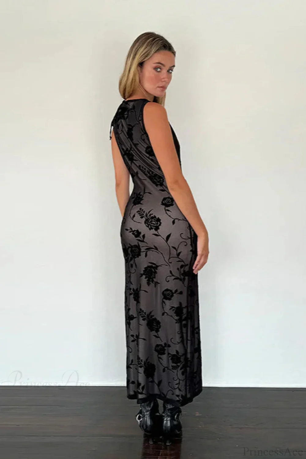 Flocked Mesh Sleeveless Bodycon Maxi Dress - Image 4