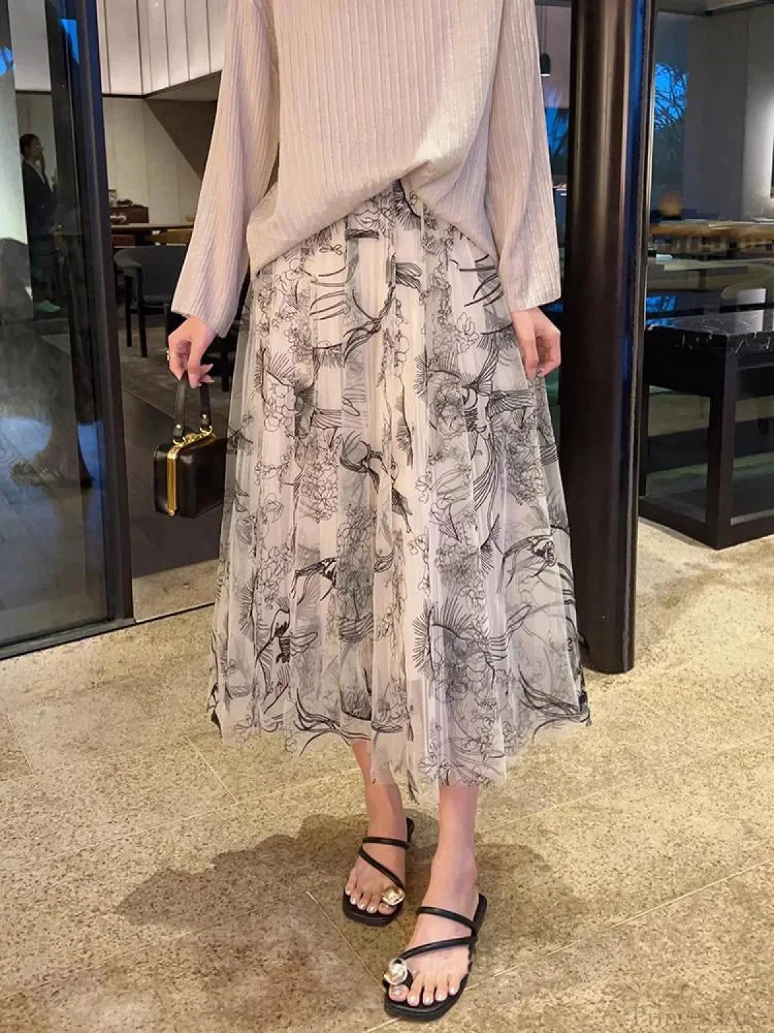 Flocking Flower Bird Tulle Gauze Elastic Waist Midi Skirt - Image 2