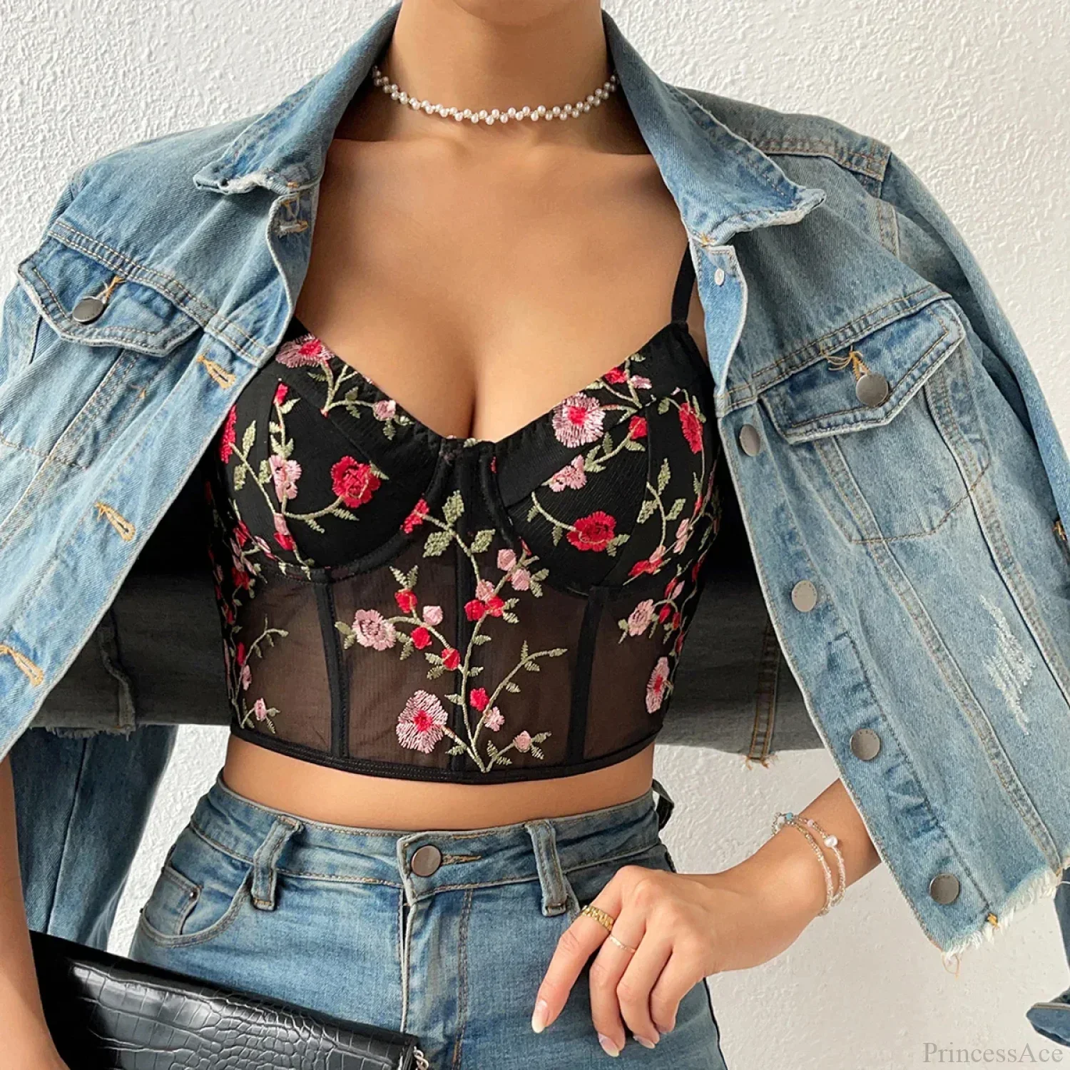 Floral Bustier Crop Top with Buckle Halter Tank - Image 4
