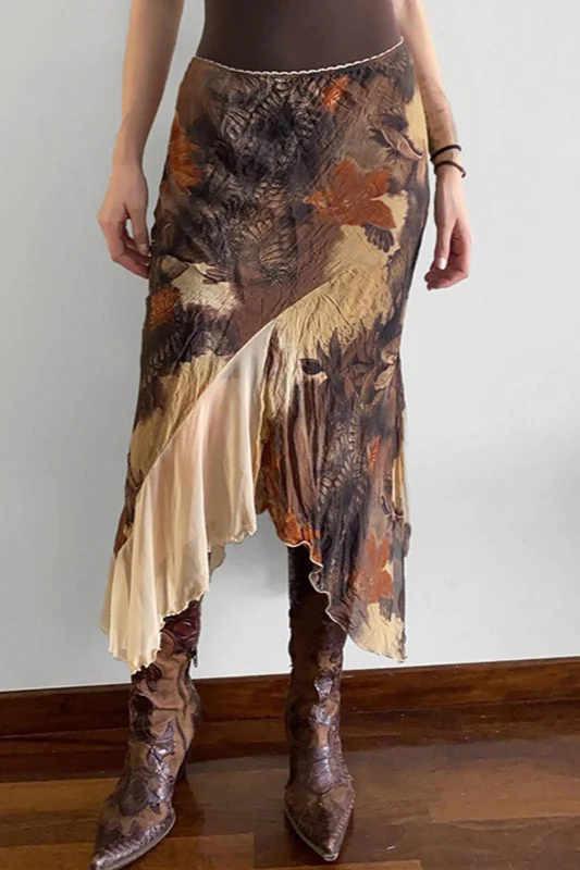 Floral Contrast Asymmetrical Mermaid Midi Skirt