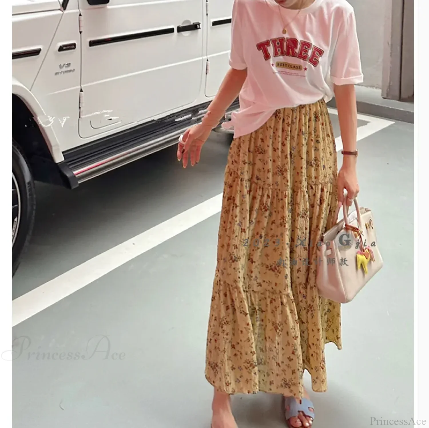 Floral Ditsy Print Elastic Waist Tiered Long Flared Skirt - Image 2
