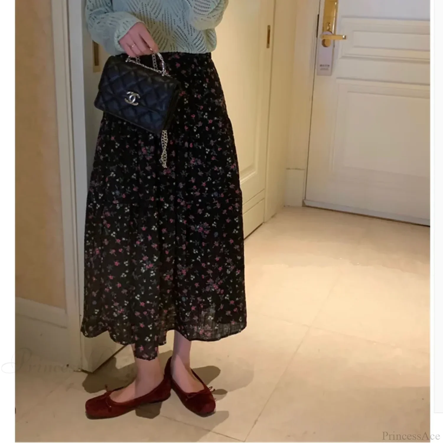 Floral Ditsy Print Elastic Waist Tiered Long Flared Skirt - Image 3