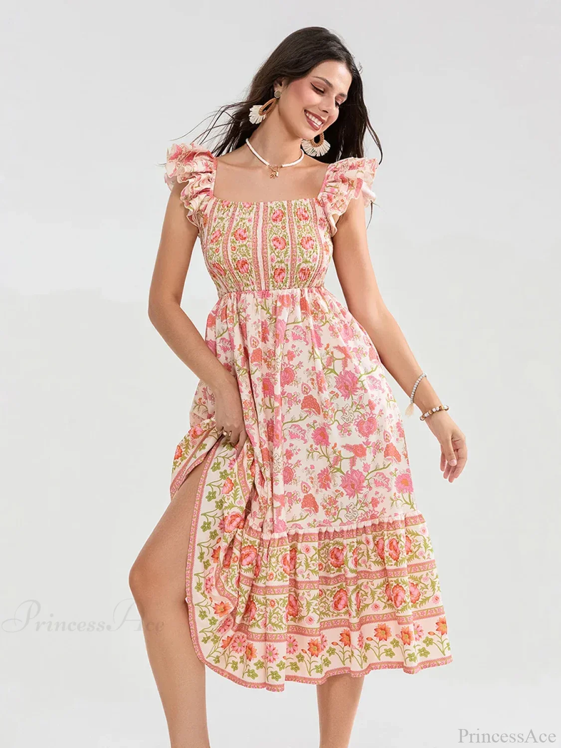 Floral Dot Print Shirred Square Neck Ruffled Flowing Beach Floral Dress - Image 10
