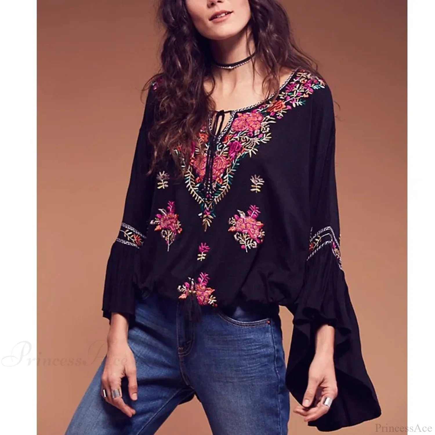 Floral Embroidered Flare Sleeve V-Neck Casual Boho Blouse - Image 2