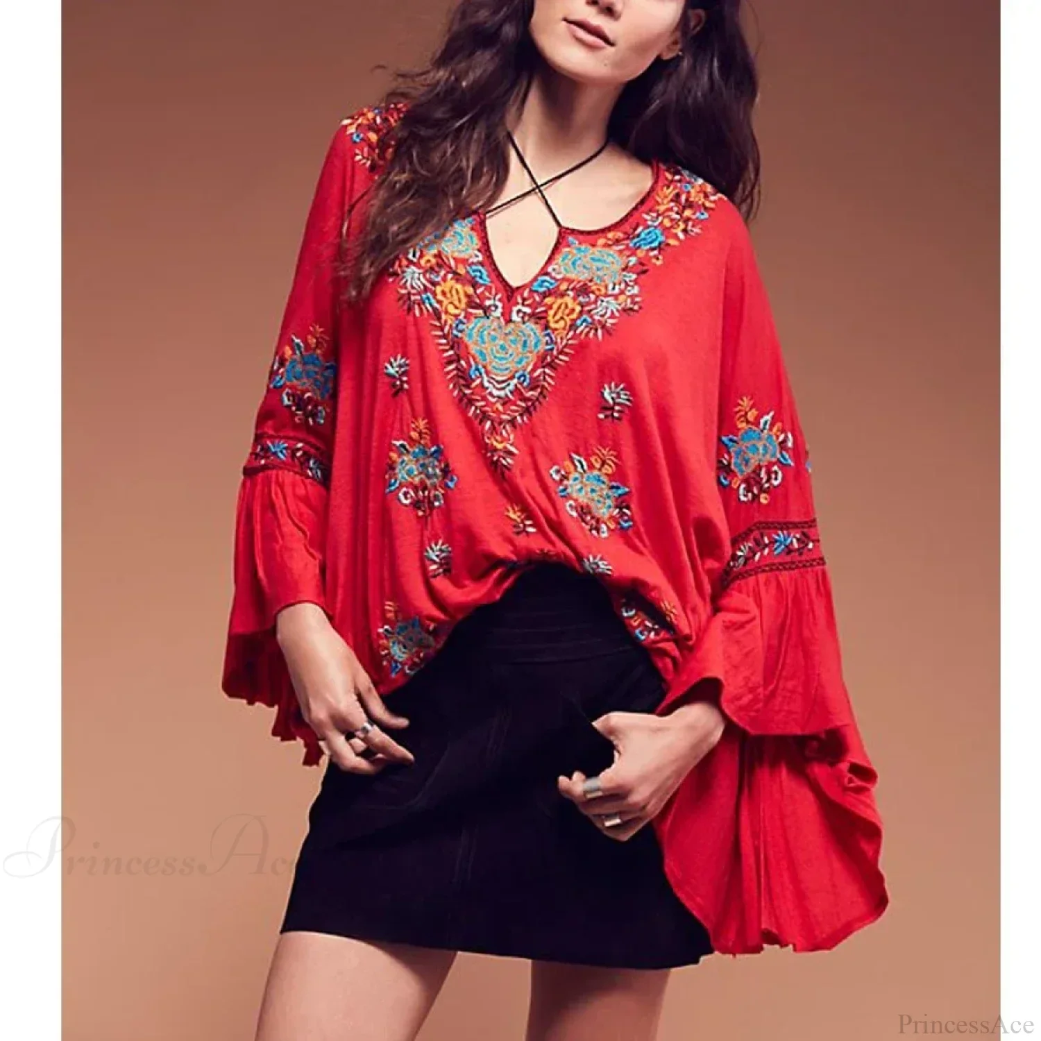 Floral Embroidered Flare Sleeve V-Neck Casual Boho Blouse - Image 5