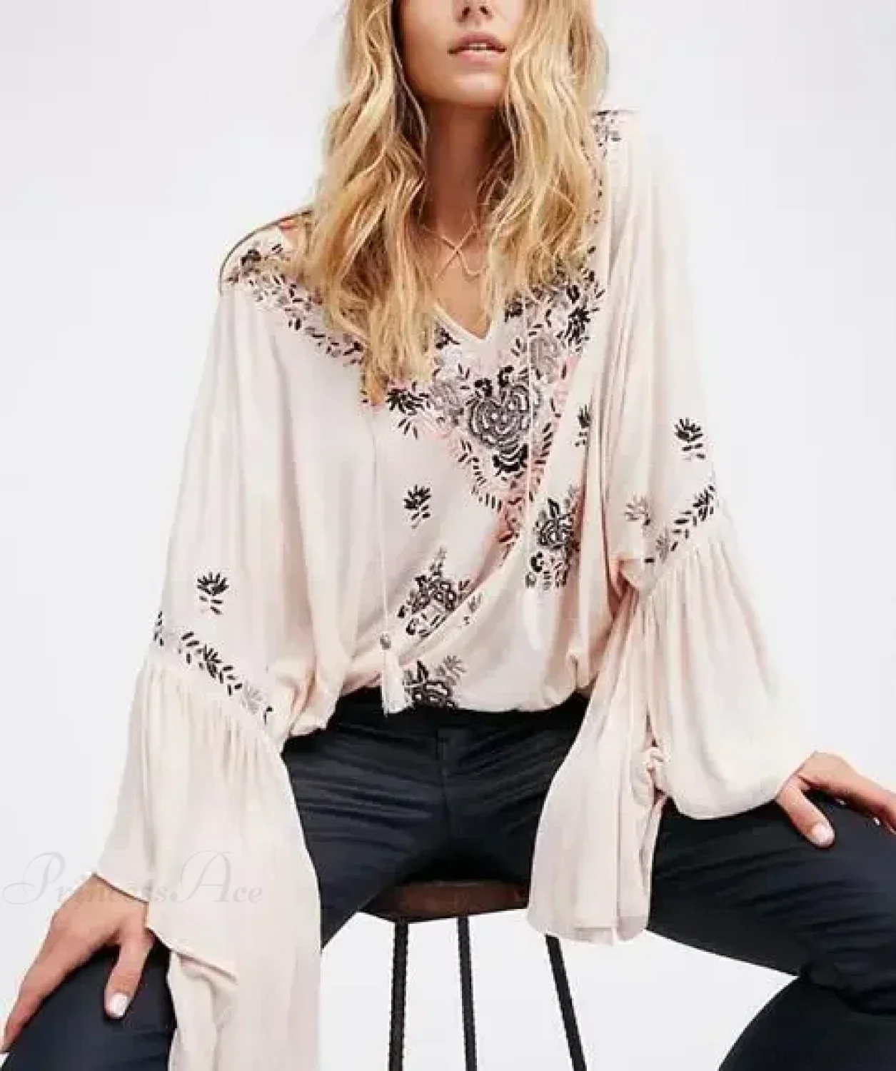 Floral Embroidered Flare Sleeve V-Neck Casual Boho Blouse - Image 6