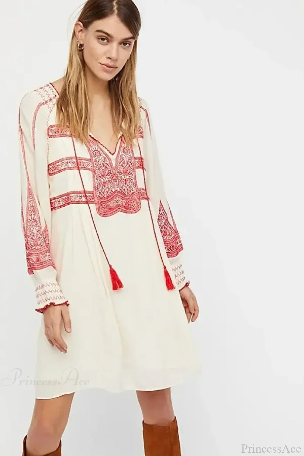 Floral Embroidered Tassel Oversized Cotton Boho Dress - Image 2