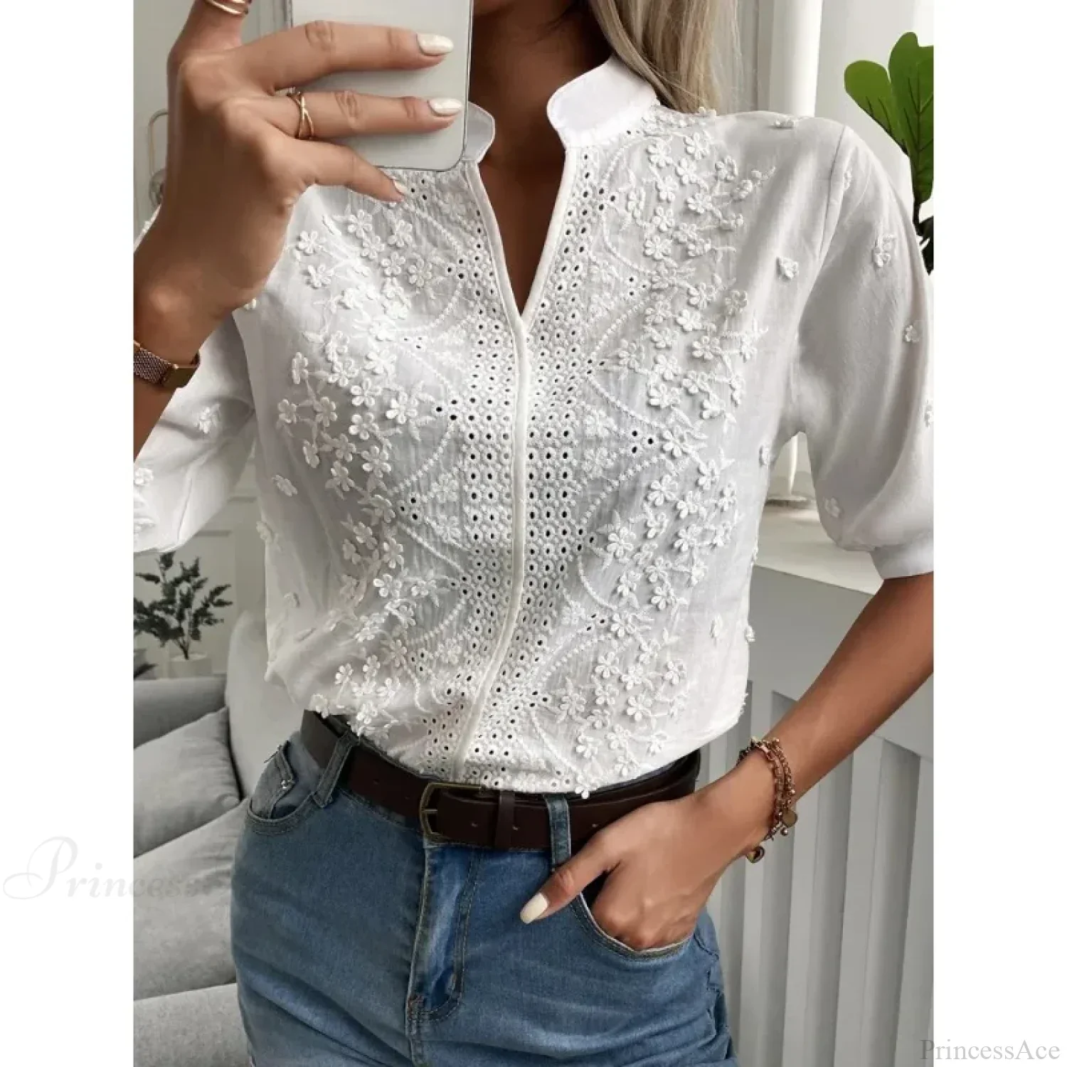 Floral Embroidery Hollow Out V Neck Blouse - Image 4