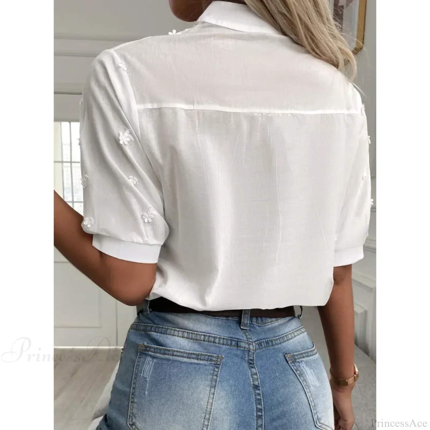 Floral Embroidery Lace Hollow V-neck Blouse - Image 5