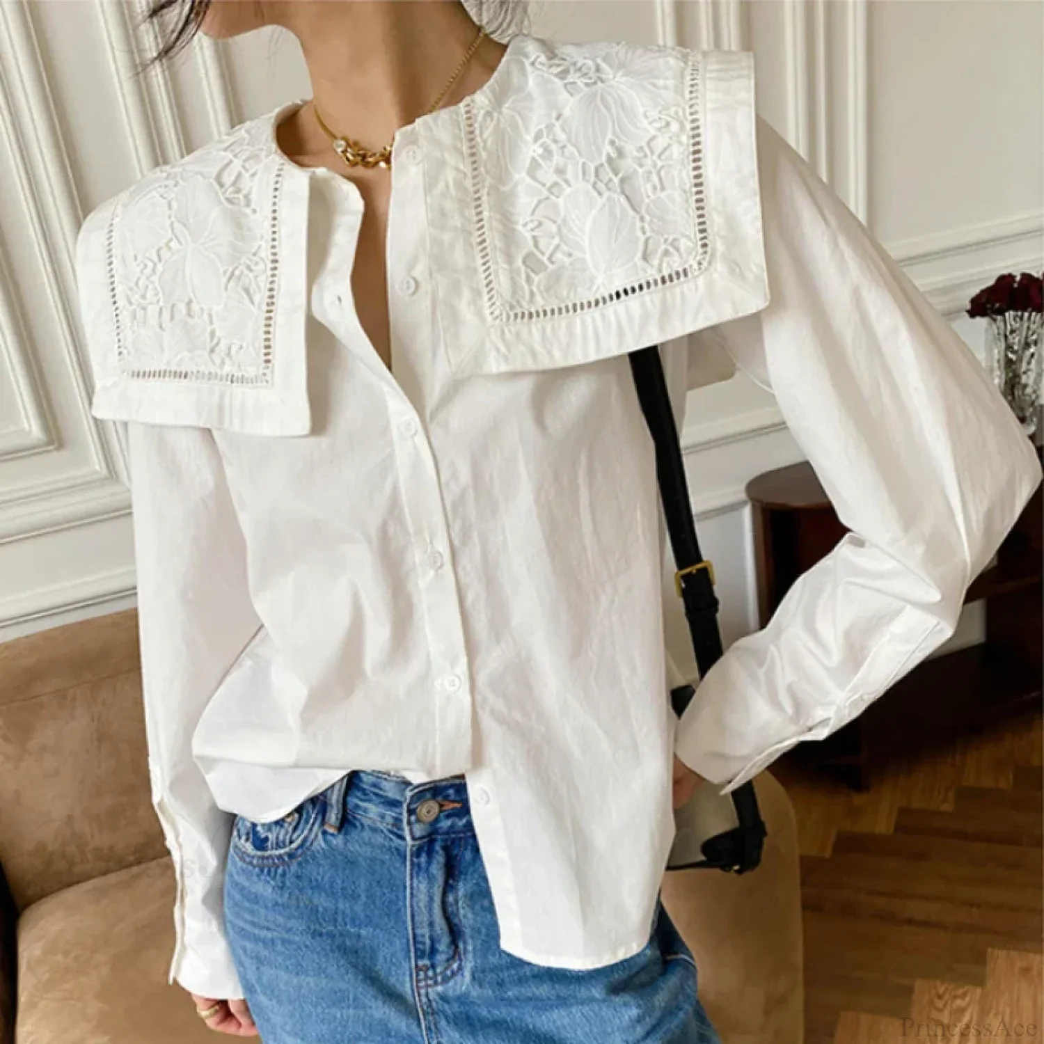 Floral Embroidery Neck Long Sleeve Cotton Boho Blouse