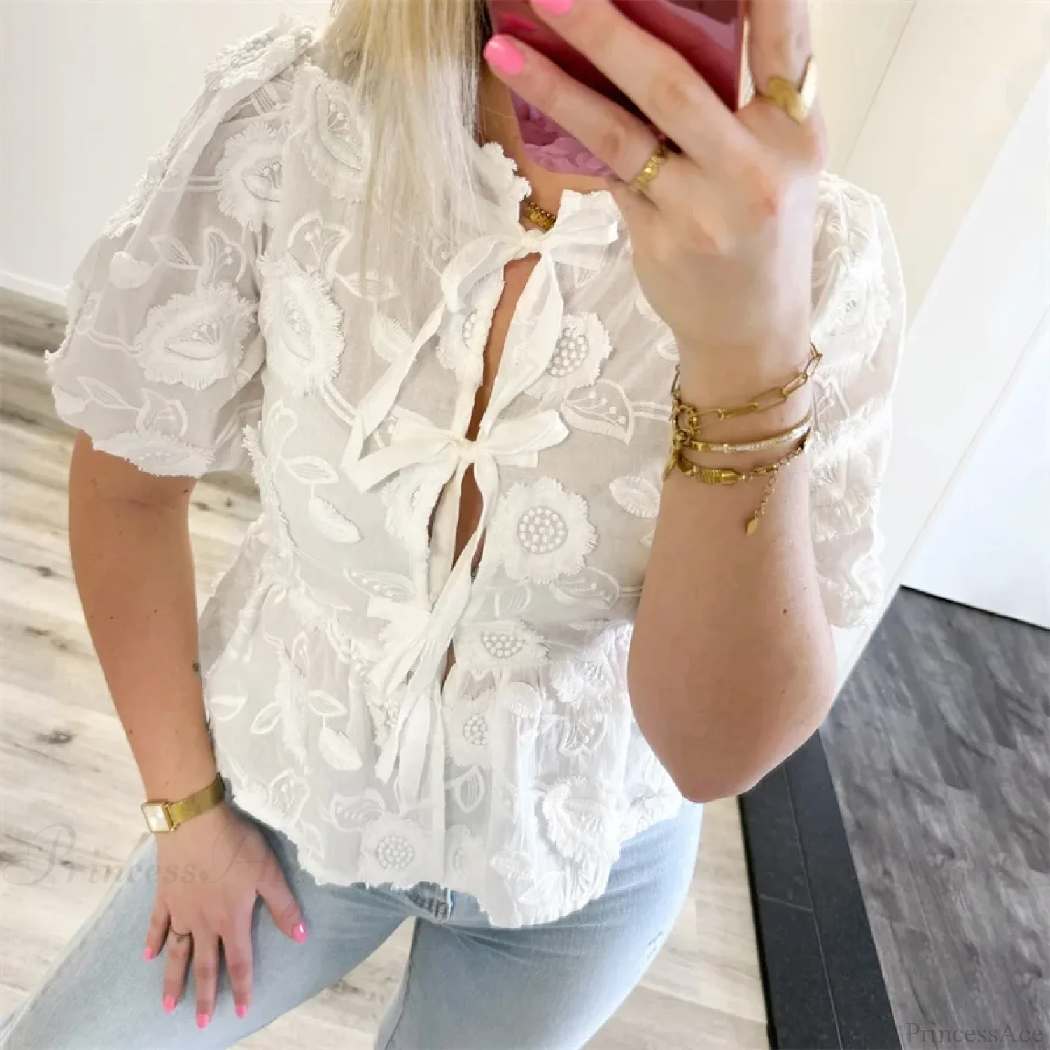 Floral Embroidery Puff Short Sleeve Blouse - Image 2