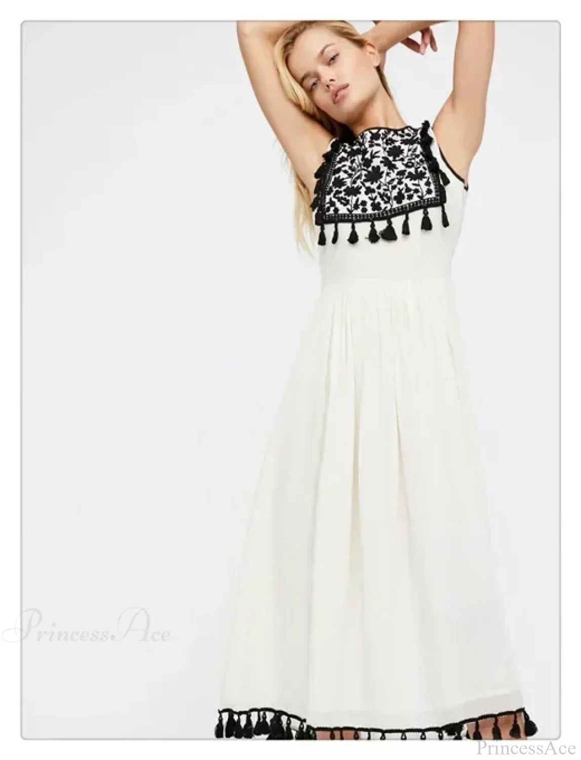 Floral Embroidery Sleeveless Tassel Cotton Boho Dress - Image 4