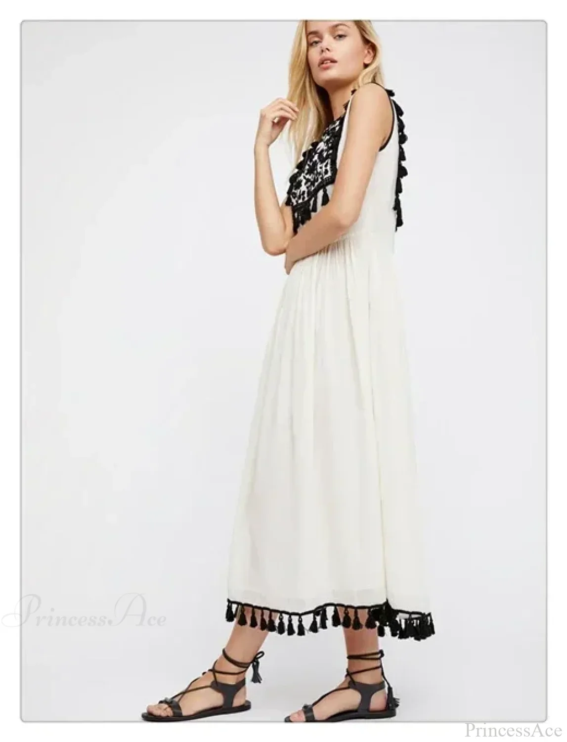 Floral Embroidery Sleeveless Tassel Cotton Boho Dress - Image 5