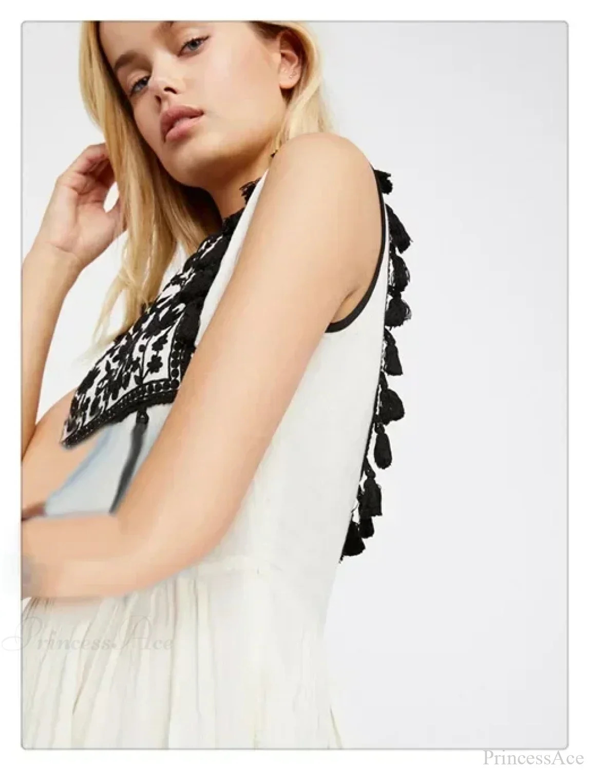 Floral Embroidery Sleeveless Tassel Cotton Boho Dress - Image 6
