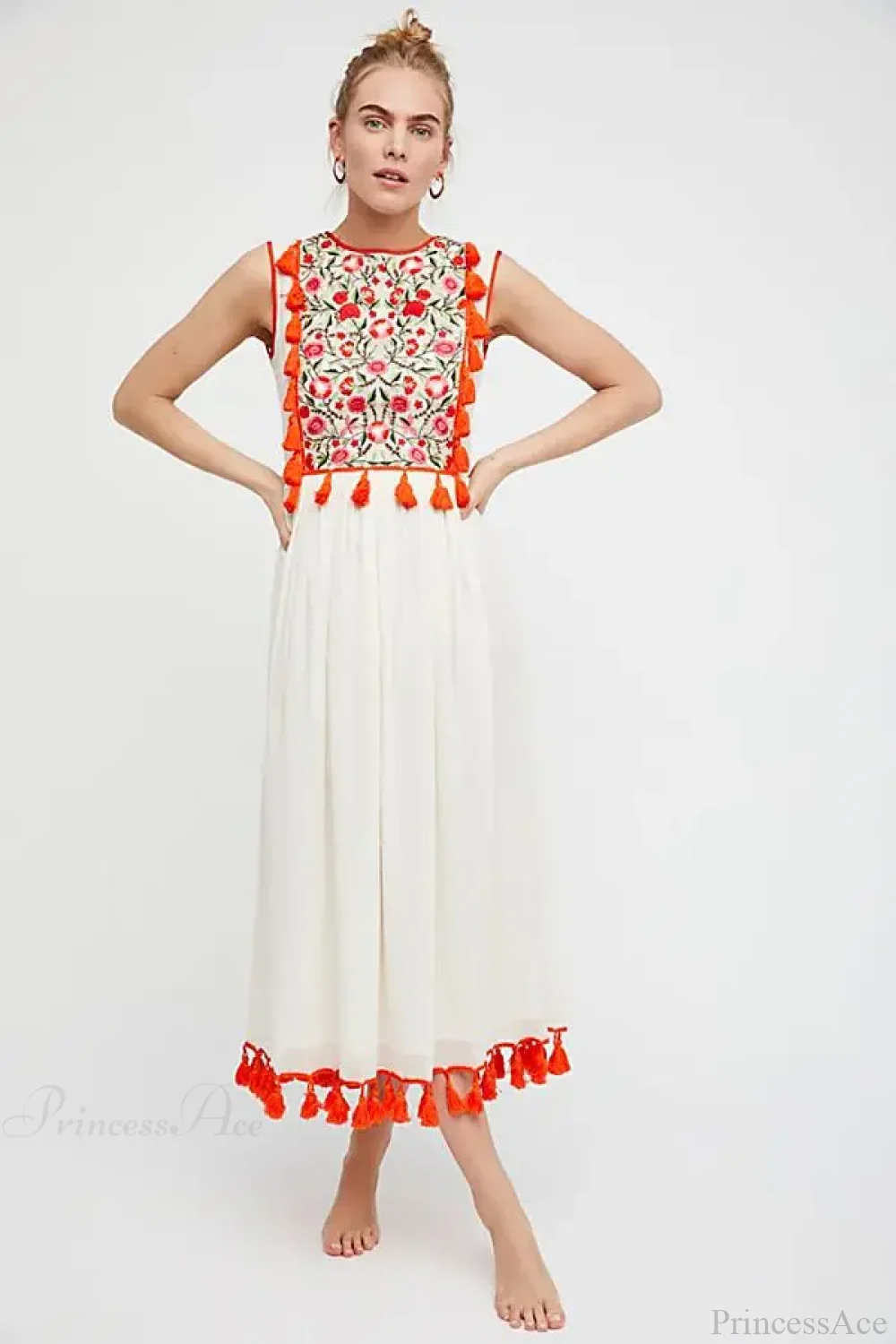 Floral Embroidery Sleeveless Tassel Cotton Boho Dress - Image 7