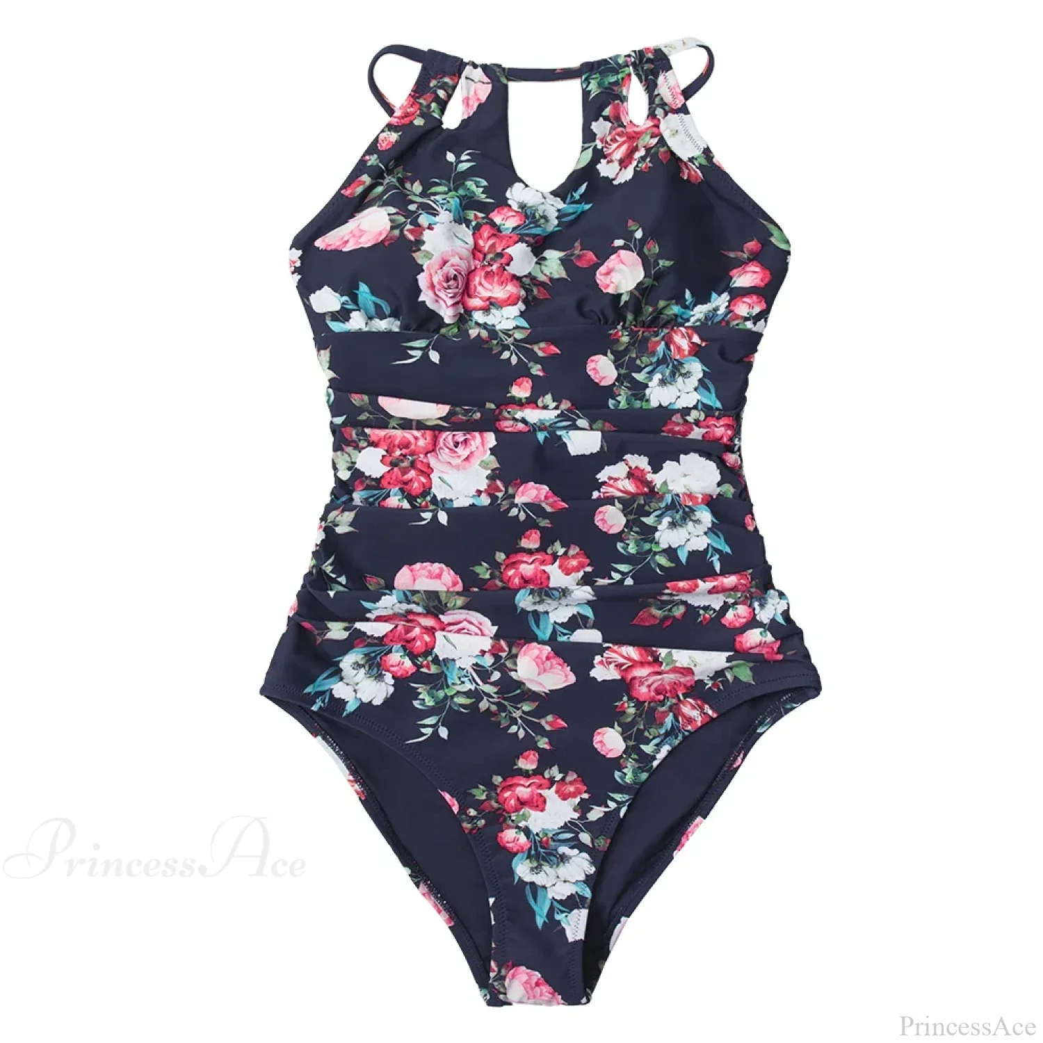 Floral Halter Cutout Lace Up One Piece Set - Image 3
