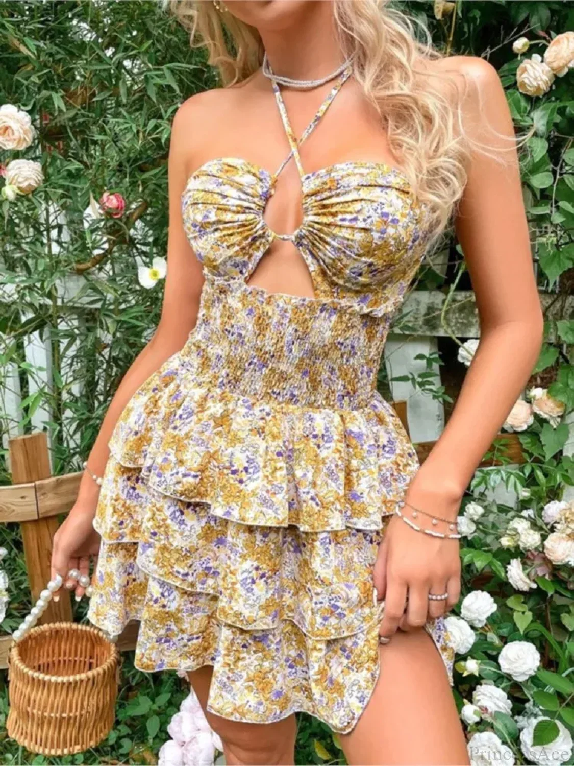 Floral Halter Neck Lace-Up Mini Floral Dress - Image 4