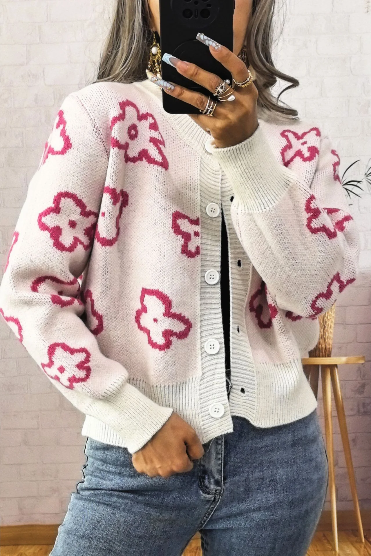 Floral Jacquard Short Single-Row Button Knit Cardigan - Image 5