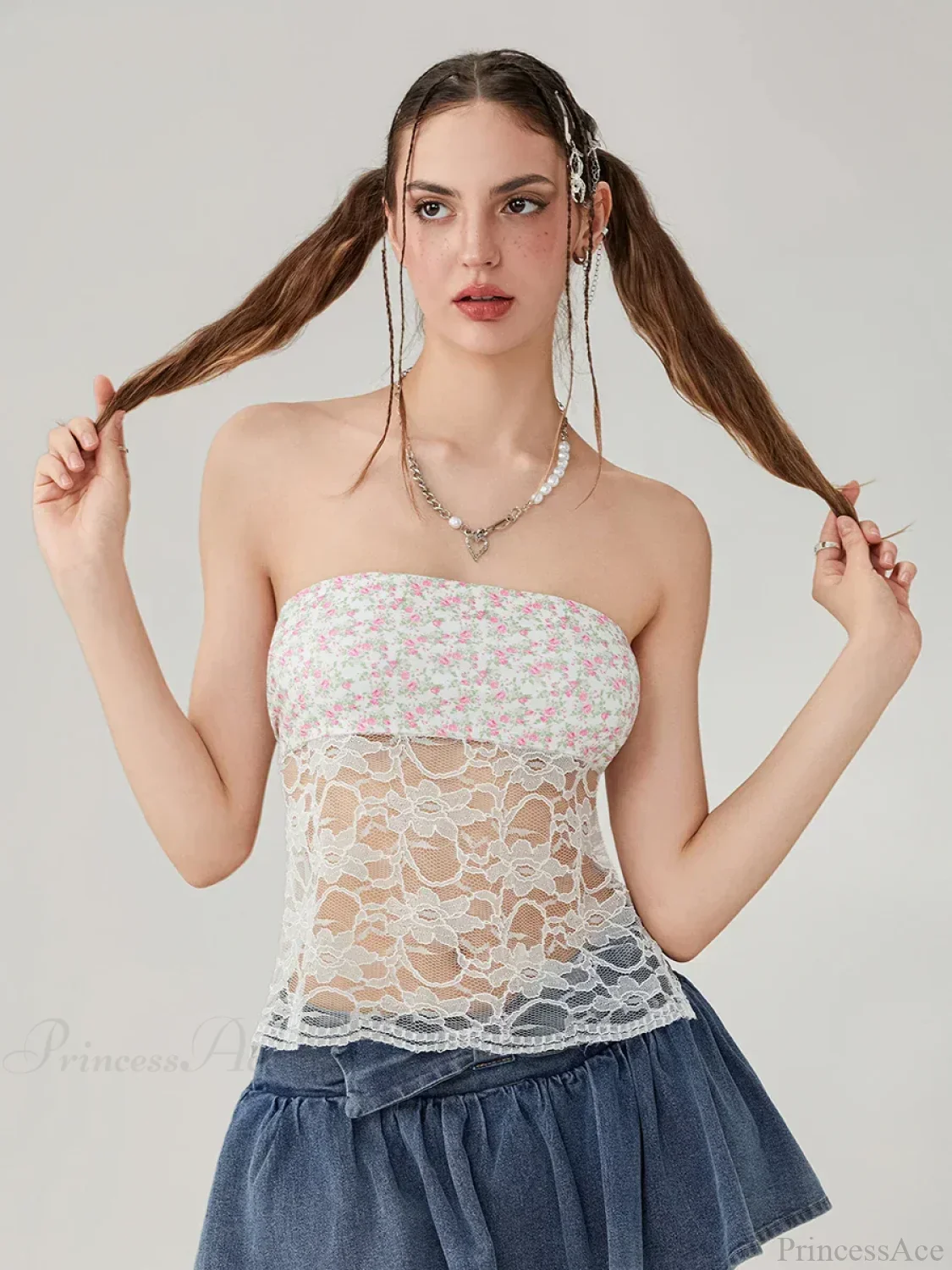 Floral Lace Mesh Sheer Strapless Backless Tie-up Tube Top - Image 7