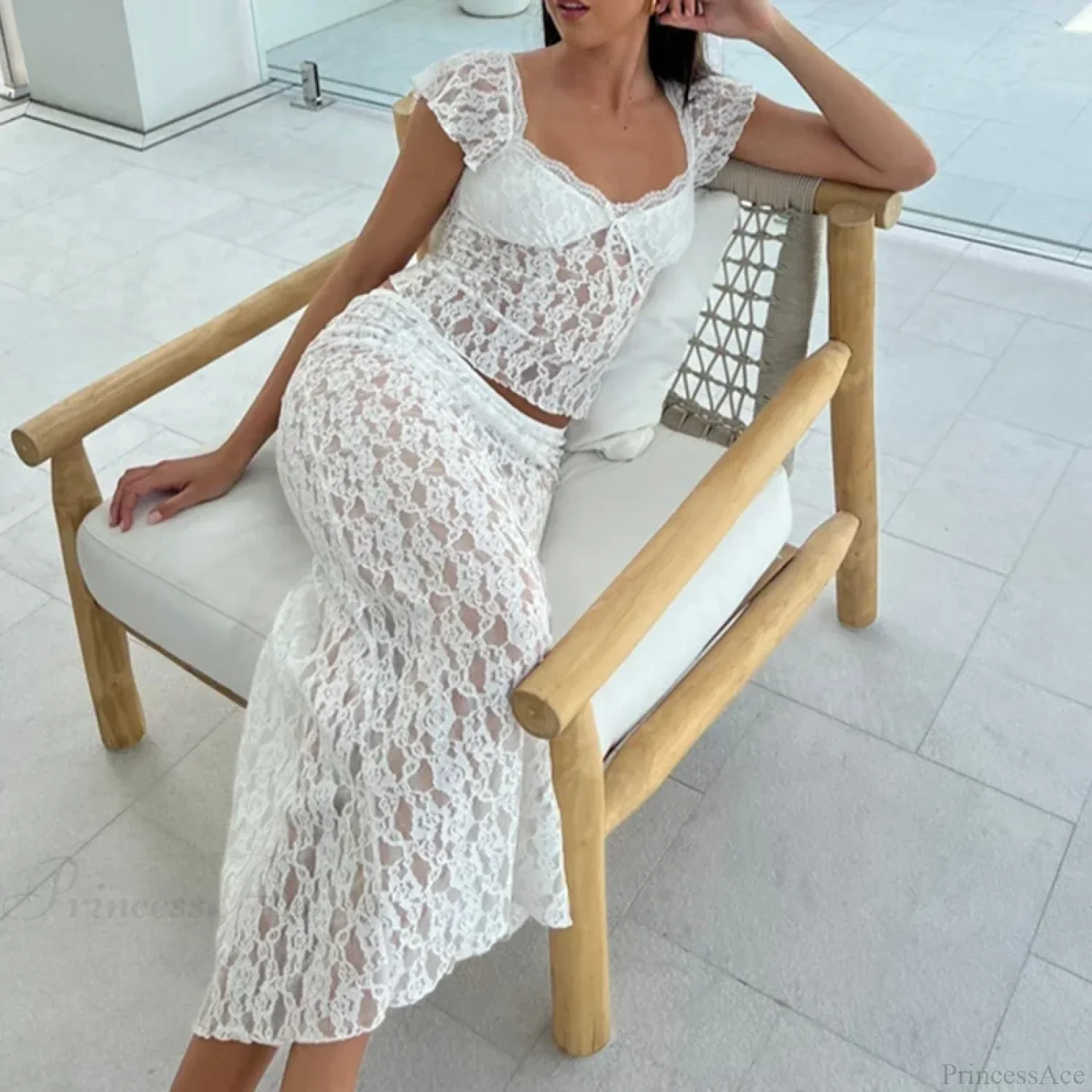 Floral Lace See-Through Short Sleeve Crop Top Long Skirt Two Pieces Set - Image 2