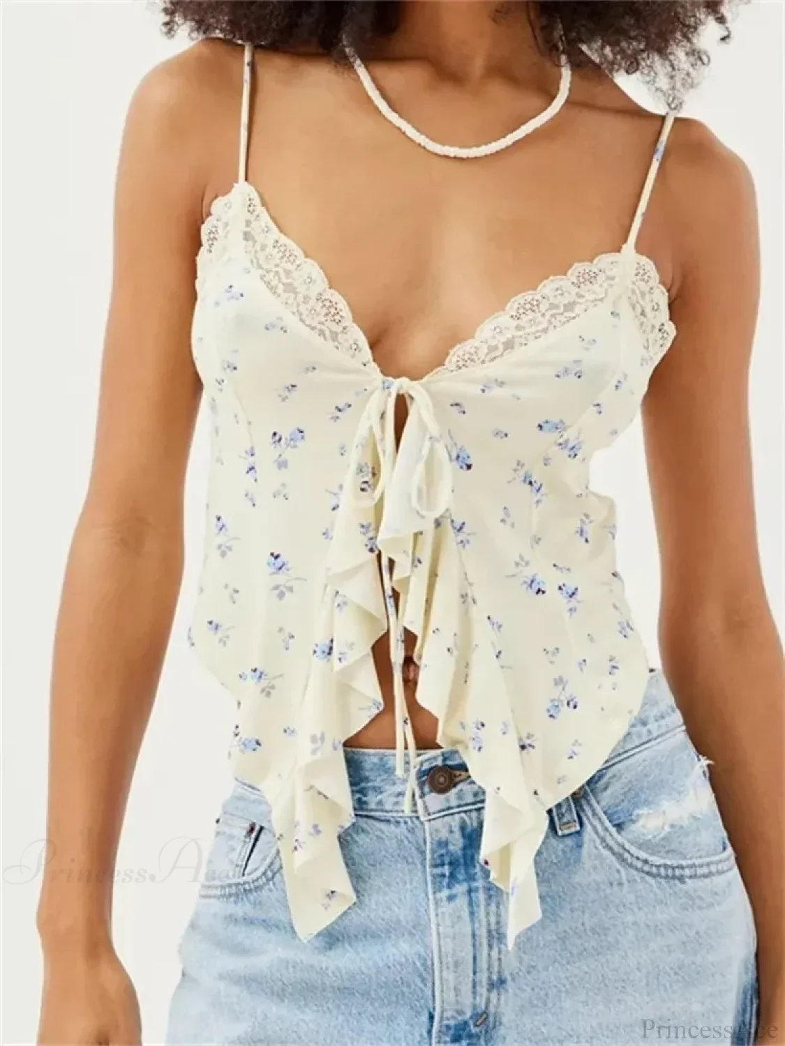 Floral Lace Trim Ruffle Split Strap Crop Top - Image 2