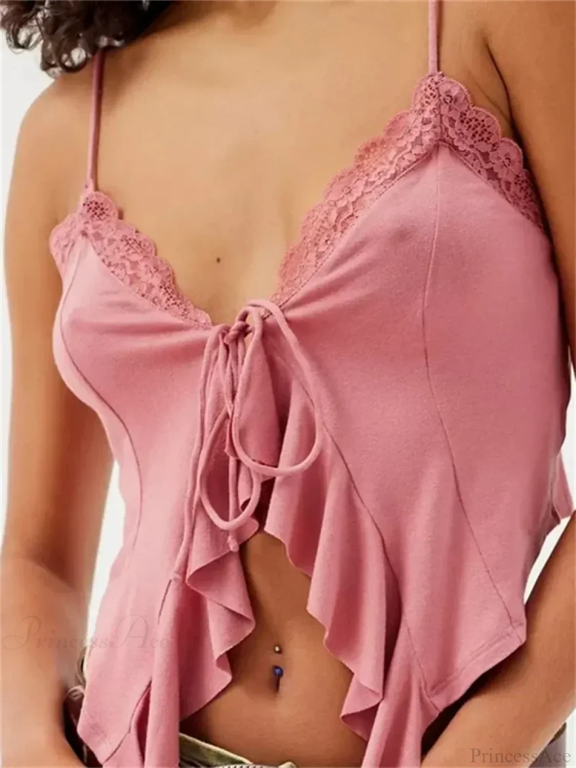Floral Lace Trim Ruffle Split Strap Crop Top - Image 3