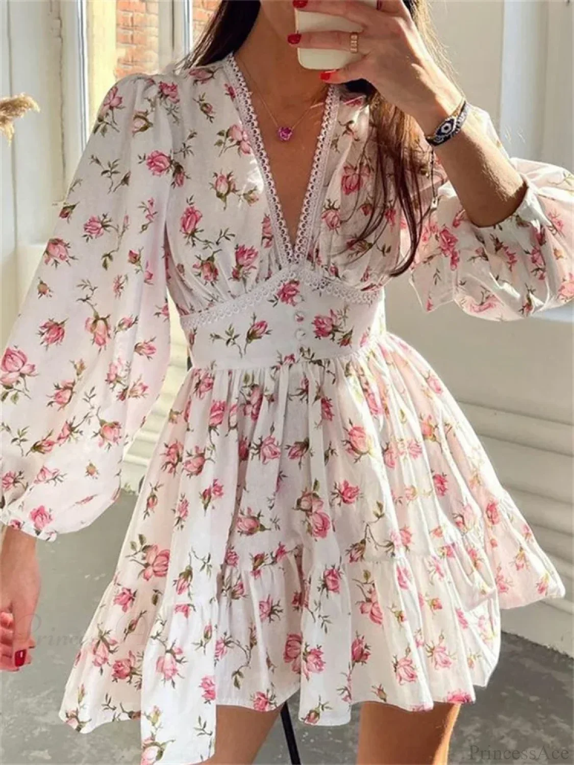 Floral Lantern-Sleeve Mini Dress - Image 2