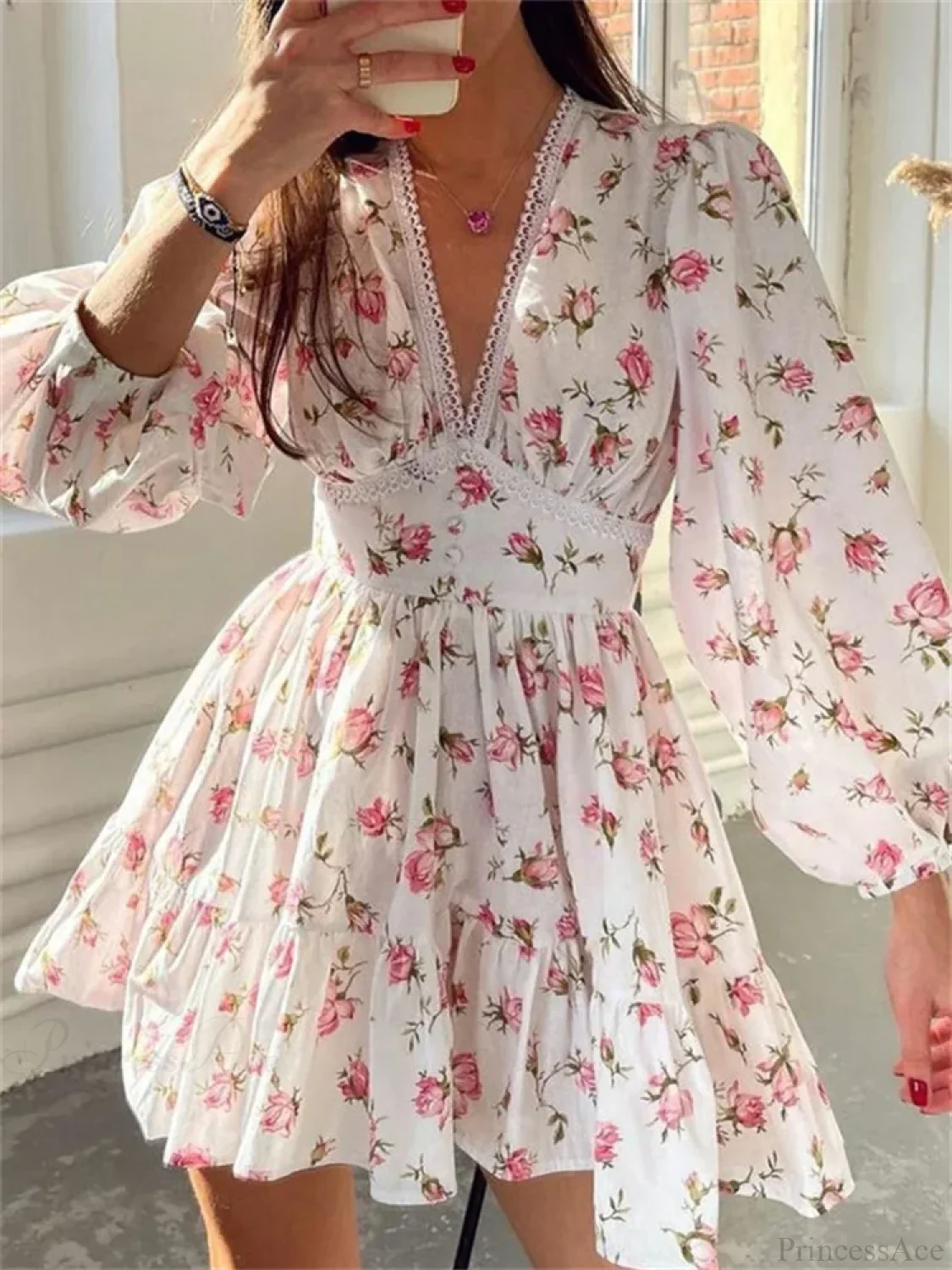 Floral Lantern-Sleeve Mini Dress - Image 5